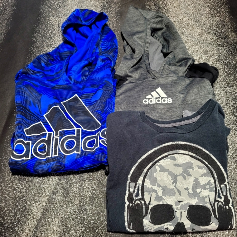 Lot of 3 Boys Medium Addidas Hoodies and Long Sleeve Skull T shirt